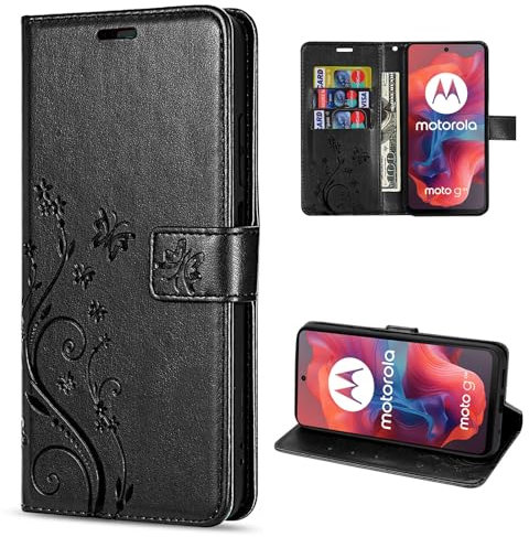 betterfon Hülle Kompatibel mit Motorola Moto G04 | Premium PU Leder Handyhülle Wallet Case für Moto G04 | Schutzhülle Blumen Klapphülle Handyhülle | Schwarz