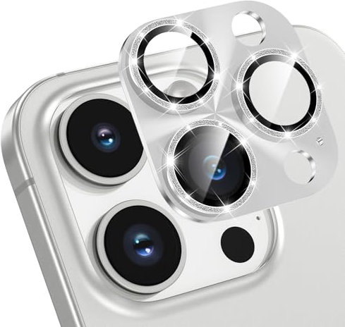 HWeggo for iPhone 15 Pro/iPhone 15 Pro Max Camera Lens Protector Glitter Decoration Strong Adsorption Drop Protection 9H Tempered Glass Camera Cover Anti-Scratch Easy to Install high hardness-Silver