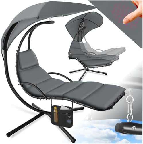 tectake® Columpio Jardín Exterior, Silla Colgante con Toldo Protección UV, Sillón Balancín con Estructura Robusta y 4 Pies en la Base, Hamaca Colgante Interior y Exterior, Ergonómica - Negro/Gris