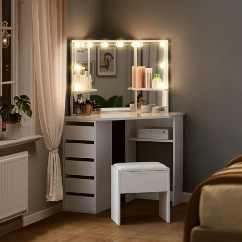 CLIPOP White Dressing Table Set with 5 Drawers Storage, Corner Dressing Table with Hollywood Lights and 3 Mirrors Modern Makeup Vanity Desk for Girls Bedroom