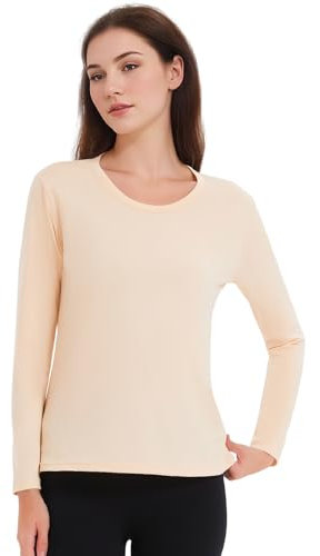 Monbessi Women's Thermal Tops Scoop Neck Ladies Long Sleeve Thermal Vests Thermal Underwear Warm Wicking Thermal Base Layers(XL, Beige)
