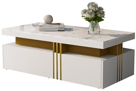 Modern Marble Pattern Coffee Table with Gold Metal Accents,2 Large Storage Drawers,Luxury Living Room Furniture with Hidden Storage Space,Contemporary Rectangular Table with Marble Effect Top (White)