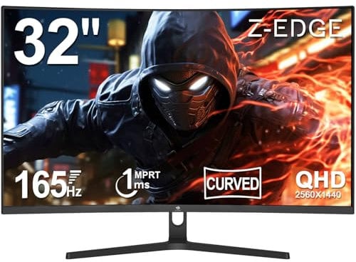 Z-Edge 32 Zoll QHD Curved Gaming Monitor 165Hz 1ms MPRT 2K 2560x1440 16:9 VA 1500R Curved Bildschirm, 280cd/m² Helligkeit, FreeSync, DisplayPort (165Hz) & HDMI (144Hz), Schwarz