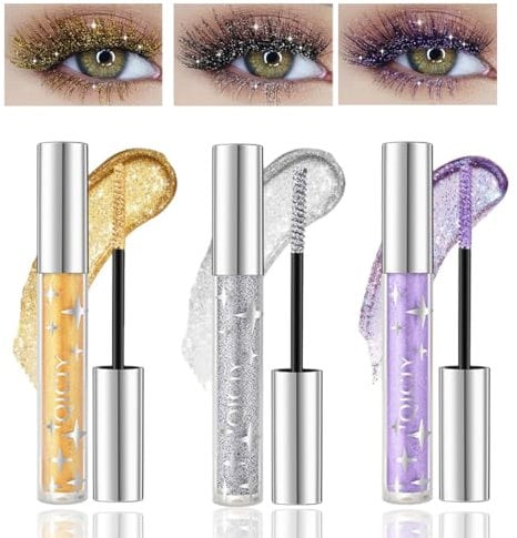 Baorder 3PCS Glitter Colored Mascara,Waterproof Long Lasting Sparkly Diamonds Mascara,Silver Gold Purple Color Diamond Mascara for Eyelashes, Lengthening Volumizing Colorful Mascara,Party Wedding
