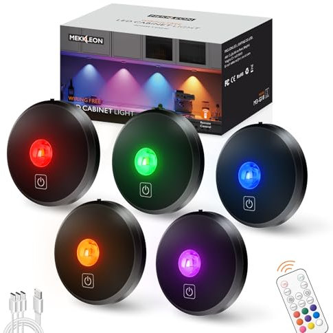 MEKKLEON Puck lumières avec télécommande Rechargeable, sans fil sous l’éclairage d’armoire,2000mAh à piles Tap Push Touch lumières (couleur bois, 3 Pcs) (RGB-Black, 5 Pcs)