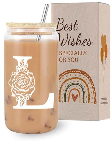 VivaJoy A-Z Initial Personalised Birthday Gifts for Women - Monogrammed Gifts for Women,Initial Letter L,Glass Cups with Lids Straws, Funny Christmas or Birthday Gifts for Her,Mum,Friend,Sister