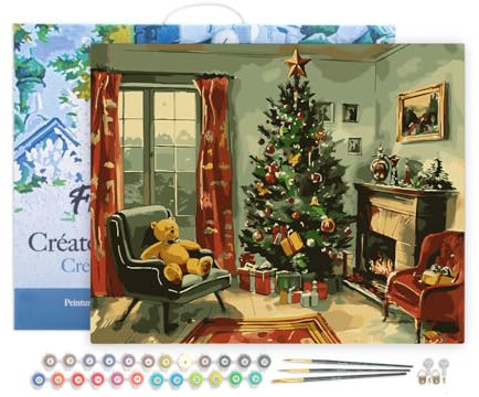 Figured'Art Peinture par Numéro Adulte avec Cadre Cheminée de Noël Classique - Activité Manuelle Kit de Loisir Créatif DIY Numéro d'Art Complet - 40x50cm toile tendue sur châssis