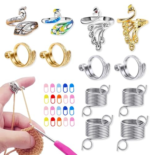 12 Stück Häkelring, Häkelringe Finger Set, Verstellbarer Crochet Ring Strick Häkelschlaufenringe Metall Strickschlaufe Ring Garnspannring zum Häkeln für Mama Oma Häkel Zubehör