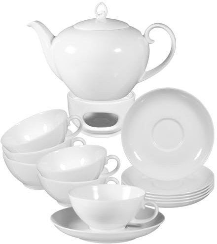 Seltmann Weiden Rondo/Liane Teeservice 14-teilig, Tee-Serviergeschirr in zeitlosem Design, Stövchen Kanne Tassen und Untertassen, Spülmaschinen- und Mikrowellenfest, Porzellan, Weiß