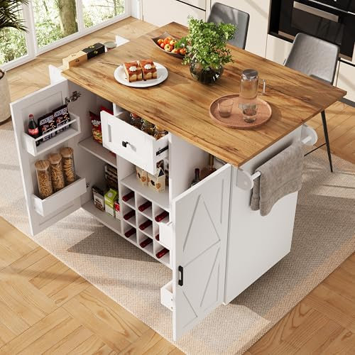 Generisch Isla de cocina multifuncional con mesa extensible y espacio de almacenamiento XL – Carrito plegable con ruedas, botellero y compartimentos de altura ajustable para cocina, comedor y sala de