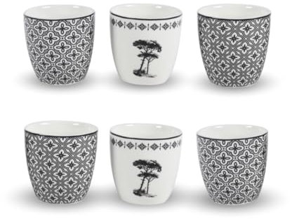 Artime - Lot de 6 Gobelets Villa Les Pins, Gobelets en Porcelaine Noir et Blanc, 250 ML, Design Méditerranéen Élégant