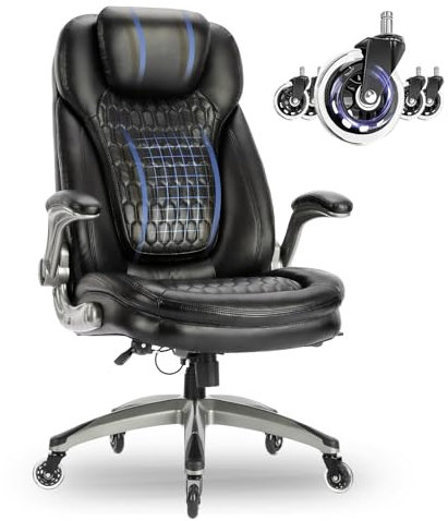 COLAMY High Back Office Chair-Executive Computer Office Chair with Flip-up Arms Adjustable Height SwivelChair, Thick Padded Leather for Comfort and Ergonomic Design for Lumbar Support (137kg, Black)