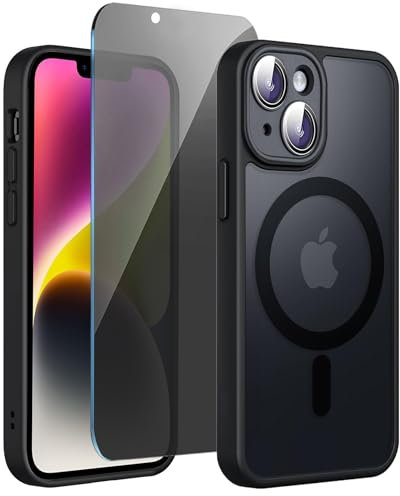 for iPhone 14 Case and Privacy Screen Protector Compatible with Magsafe Anti-Fingerprint Translucent Shockproof Military Grade Drop Protection (Black)
