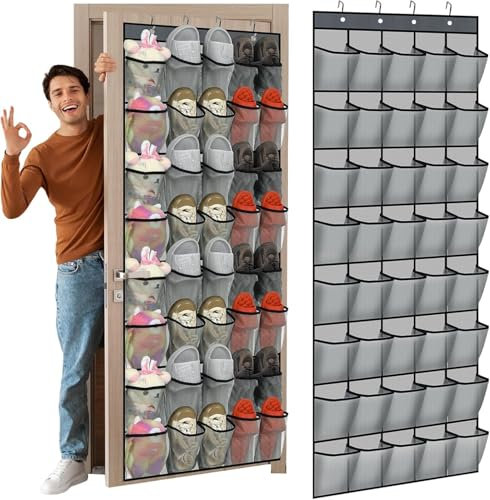 40 Large Over the Door Hanging Shoe Organizer Gray Mesh Pockets Shoe Rack for Closet Behind Door Hanger Storage Holder Nonslip for Cruise Essentials, Dorm Room Storage, Utility Room (Grey, 40 pockets)
