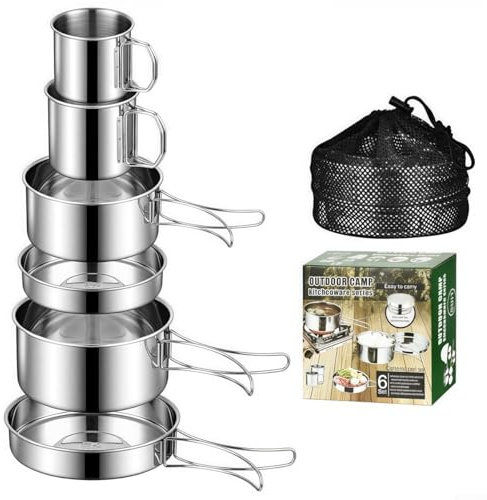 Ustensiles de cuisine pliables en acier inoxydable, ensemble de casseroles de camping en acier inoxydable avec casseroles, poêles, tasses, ustensiles de cuisine pour la cuisine en plein air