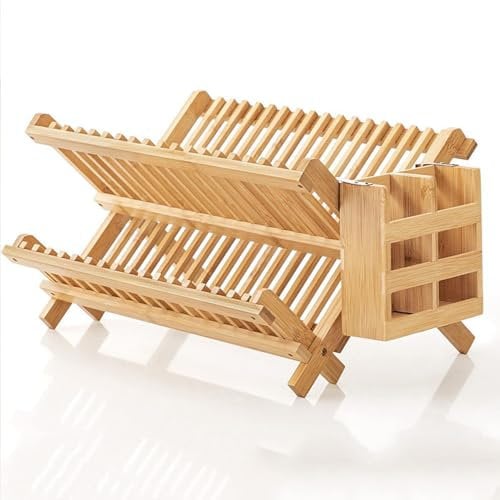 Wooden Dish Rack With Utensils Flatware Holder, Folding Bamboo Dish Drying Rack For Kitchen Counter, 2 Tier Wooden Draining Board