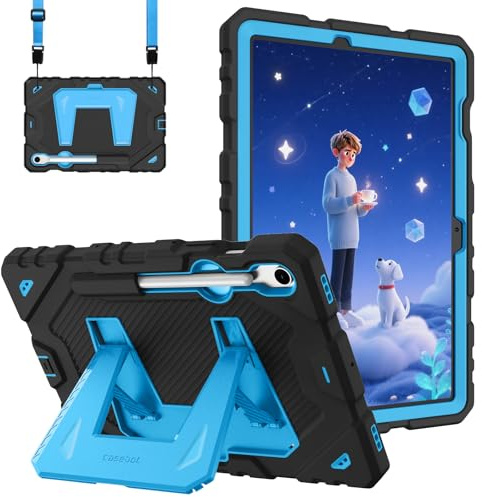 FINTIE Kids Friendly Case for Samsung Galaxy Tab S10 Lite/ S10 FE/ S9 FE 10.9 Inch/Tab S9 11 Inch, Fully-Body Rugged Heavy Duty Shockproof Protective Case with Kickstand & Shoulder Strap, Black/Blue