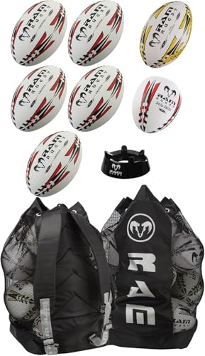 Ram Rugby Trainingsball-Set, Größe 5/4/3, mit 3D-Grip und handgenäht, inkl. Ballständer und Tragetasche