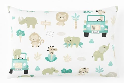 Balbina Kissenbezug 60 x 40 cm für Kinder & Babys, Kopfkissenbezug 100% Baumwolle, für Kinderzimmer, Kinderwagen oder Kinderbett, Baumwoll-Kopfkissenbezug mit Reißverschluss, Autos/Zoo Grün/Grau