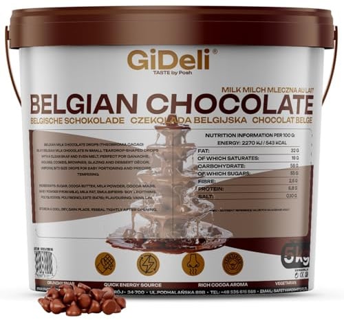 GiDeli Belgische Schokolade 5kg im Eimer - Pralinen Chips, Schokodrops - Vollmilch-Kuvertüre - Perfekt für Schokofondue, Backen, Schokobrunnen, Desserts & Glasuren