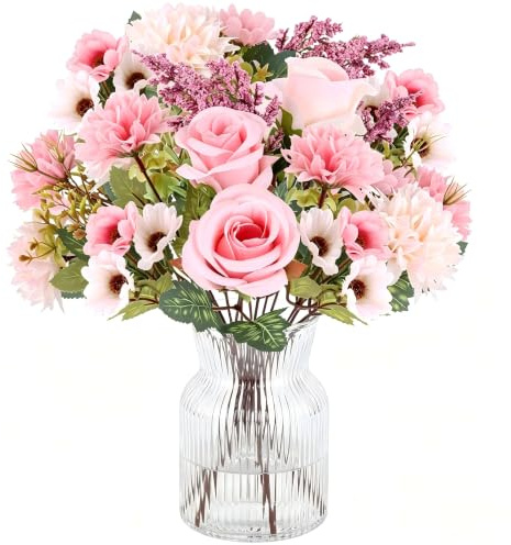 Doygim 4 Bouquets Fleurs Artificielles Fausse Rose en Tissu Hortensia Artificielle Deco Faux Bouquet de Fleur pour Arrangement de Mariage, Fête, Centre de Table, Décoration D'intérieur (Rose)