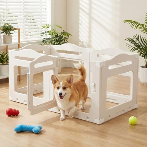 Clevich Welpenauslauf aus Acryl 129 × 68 × 60 cm, 5 PCS +1 Laufstall Hund, Hundelaufstall für Wohnung Faltbar, Saugnapf, Gitterloser Welpenlaufstall, Indoor-Hundezwinger für Welpen, Weiß