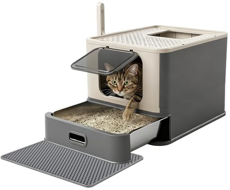 Pakeway Katzenklo aus Edelstahl Geschlossen mit 2 Einstiegsmöglichkeiten XL Große Hygienische Katzentoilette Geruchsneutral Inklusive Schaufel und Matte Für Alle Rassen Platzsparend Faltbar auf 15 cm