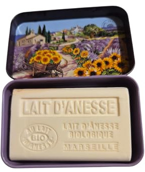 Savon de Marseille Lait d'Ânesse Biologique dans Boîte Décorative, Lavande et Tournesols, Thème Provence