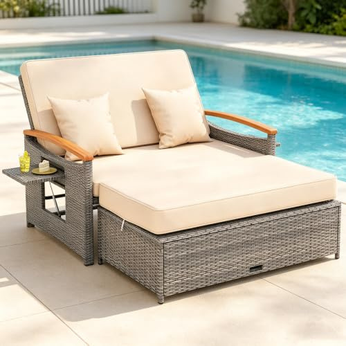GIANTEX Lounge Möbel Outdoor, Outdoor Sofa, Gartensofa mit Liegefunktion, Garten Doppelliege Gartenliege 2 Personen, Gartenlounge Rattan, Balkon Lounge Sofa (Holzarmlehne + Gemischtes Grau + Beige)