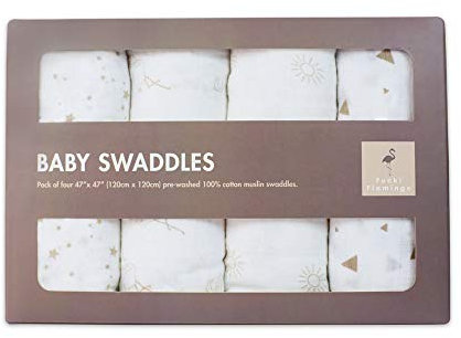 Premium 100% Cotton Muslin Swaddle Blankets | Extra Large 120 x 120cm Pack of 4 Unisex Designs | Luxurious Breathable Soft Cotton | 100% Infinity Guarantee | Ideal Baby Gift by Funki Flamingo