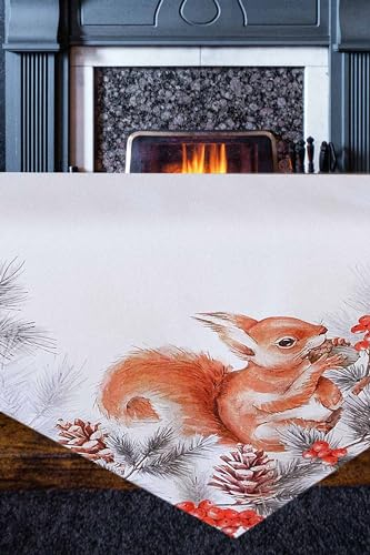 KAMACA Tischdecke Mitteldecke 85x85 cm mit hochwertigem Druck-Motiv Küche Esstisch Eyecatcher Herbst Winter Weihnachten (Eichhörnchen mit Nuss)