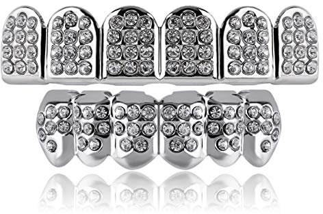 TOPGRILLZ 18 K vergoldete Grillzähne, für Männer und Frauen, Iced Out, Hip Hop, Poker Diamant oben und unten Gesicht Grills für Zähne Rapper Kostüm Cosplay, Metall, zirkonia,
