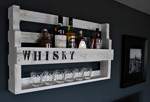 Dekorie Whisky Regal aus Holz - mit Gläserhalter - Weiß, Braun oder Schwarz - mit oder ohne Aufdruck - Industrie Stil - fertig montiert - Wandbar -für Esszimmer 90 x 50 x 15 cm