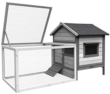 Wiltec Hasenstall hellgrau 1460 x 750 x 830 mm mit Freilaufgehege und erhöhtem Unterschlupf aus Holz, Kaninchenkäfig mit 2 Etagen, Kleintierstall