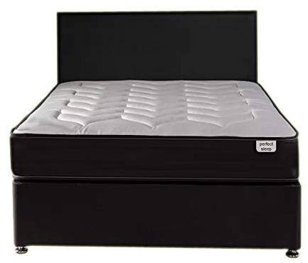 Perfect Sleep 4FT6 Double Black Leather Paris Divan Bed Including Medium feel Quilted Mattress And Headboard