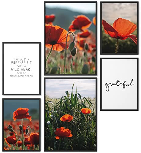 Papierschmiede® Mood Poster Set Mohnfeld, Bilder Wohnzimmer Deko Schlafzimmer, 2x DIN A3 und 4x DIN A4, Blüten Rot Orange Natur - Wandposter ohne Rahmen