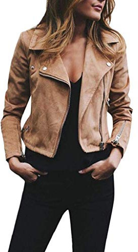 ShallGood Giubbino Corto Donna Giacca Moto Ecopelle Giubbotto Stile Chiodo Pelle Sintetica Cachi IT 50