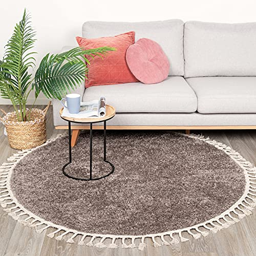 FRAAI | Home & Living Teppich Hochflor Rund - Lofty Fringe Taupe - Einfarbig - Modern, Skandinavisch - Wohnzimmer, Esszimmer, Schlafzimmer - Fellteppich - Carpet