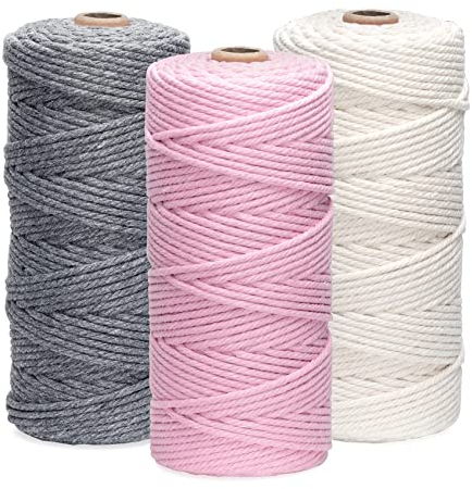 Makramee Garn 3er Set,ilauke Weiche Baumwollgarn Baumwollschnur Makramee 3mm für DIY Projekte - 3 x 100m Baumwolle Baumwollkordel zum Makramee Wandbehang, Traumfänger, Blumenampel,Rosa+Beige+Grau