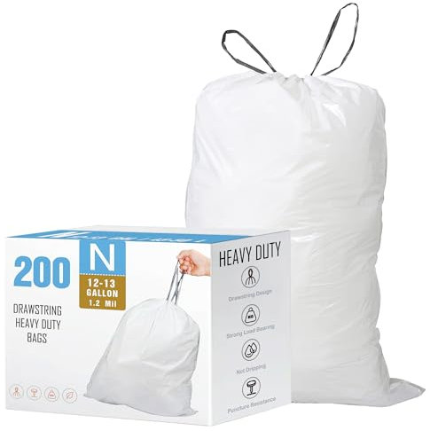 Code N (200 unités) Sacs poubelle en plastique robustes avec cordon de serrage compatibles avec simplehuman Code N | 1,2 mil | Sacs poubelle blancs avec cordon de serrage 45 à 50 litres (lot de 1)