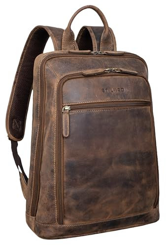 STILORD 'Watson' Laptop Backpack 15.6 inch Leather Daypack Large Vintage Rucksack Bag Business Backpack Office Bags XL in Genuine Leather, Colour:Calais - Brown