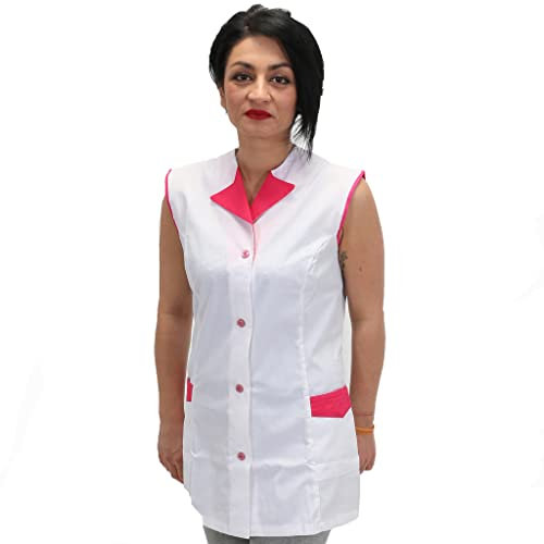 Arbeitskittel für Damen, Arme, Kasack für Arbeiter, Meister, Unternehmen, Reinigung, Schürze für Obstarbeiter, Gastronomie, Weißer Besatz Fuchsia, XXL