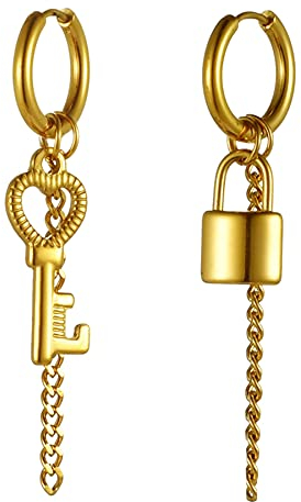 JewelryWe Schmuck Ohrringe Creolen mit Schloss, Schlüssel und Kette Anhänger Edelstahl Hängend Ohrhänger Huggie Ohrstecker Geschenke für Herren Damen Gold