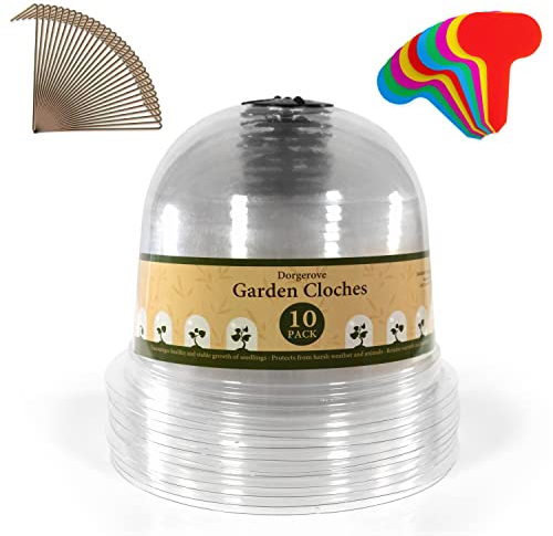 Dorgerove Garden Cloches 10 Pack - 26 x 21cm Clear Transparent Plastic Humidity Dome Covers for Outdoor Use Complete with 10 Colorful Plant Labels and 30 Securing Pegs