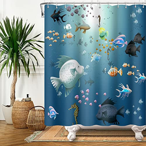 SDOTPMT 122x183cm Karikatur Fische Duschvorhang Bunt Tropisch Fische Hippocampus Marine Tier Badevorhang Blau Ozean Badewannenvorhang für Kinder Badezimmer Stoff Polyester Wasserdicht mit Haken