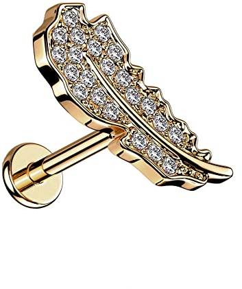 Treuheld® Labret Piercing mit Kristall Feder | 2 Größen | 3 Farben [3.] - rosegold - 1.2mm x 6mm