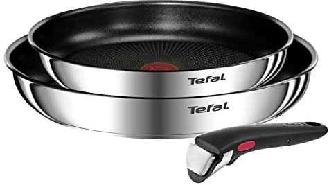 Tefal Emotion Ingenio - Set di 3 padelle in acciaio inox a induzione, 24/28 cm e manico