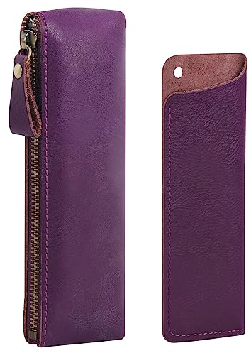 WONDERPOOL Leather 1pc Pencil Case & 1pc Fountain Pen Holder - Portable Compact Drawing Marker Pen Stationery Pouches for School Office Travel Organizer (Purple)