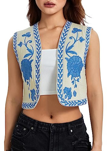 Caziffer Gilet Brodé sans Manches Femme Léger Chic Décontracté (Bleu, M)