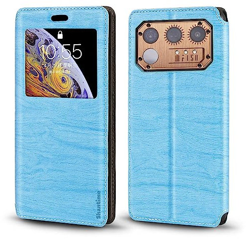 Shantime für IIIF150 Raptor Hülle, Holzmaserung Ledertasche mit Kartenhalter und Fenster, Magnetische Flip Cover für IIIF150 Raptor (6,8 Zoll) Himmelblau